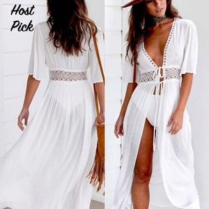 White Crochet Waist Beach Cover Up Tunic/Robe